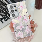 For Samsung Galaxy S25 Ultra 5G Plating Texture Butterfly Wristband TPU Phone Case with Glitter Lens Film(Pink Butterflies HU5)