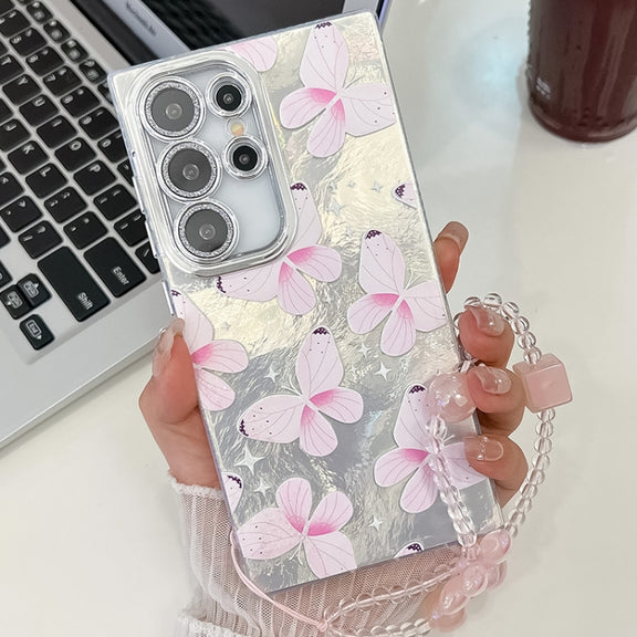 For Samsung Galaxy S25 Ultra 5G Plating Texture Butterfly Wristband TPU Phone Case with Glitter Lens Film(Pink Butterflies HU5)