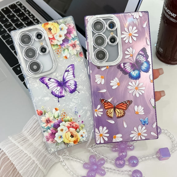 For Samsung Galaxy S25 5G Plating Texture Butterfly Wristband TPU Phone Case with Glitter Lens Film(Silver Butterflies HU6)