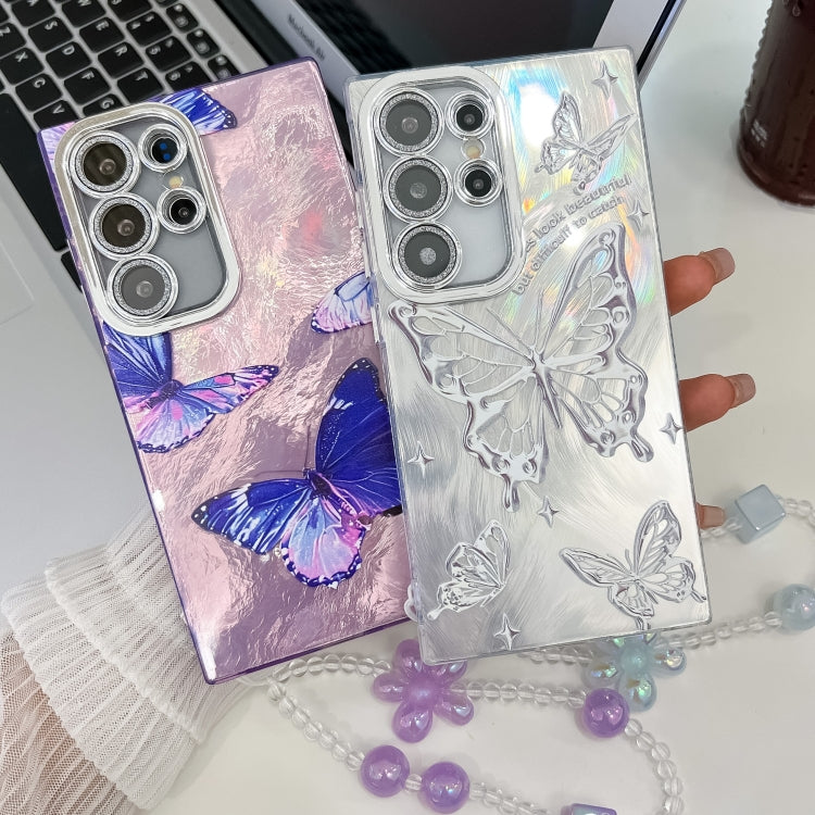 For Samsung Galaxy S25 Ultra 5G Plating Texture Butterfly Wristband TPU Phone Case with Glitter Lens Film(Daisy Butterflies HU2)