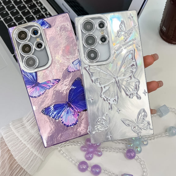 For Samsung Galaxy S25 5G Plating Texture Butterfly Wristband TPU Phone Case with Glitter Lens Film(Silver Butterflies HU6)