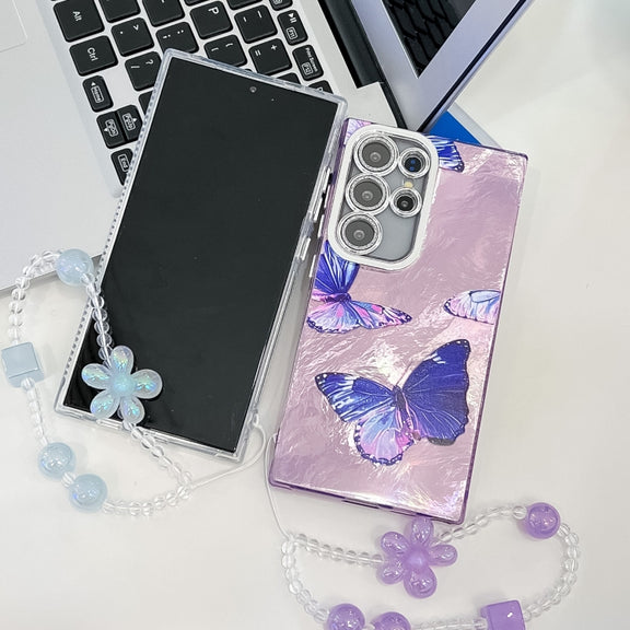 For Samsung Galaxy S25 5G Plating Texture Butterfly Wristband TPU Phone Case with Glitter Lens Film(Silver Butterflies HU6)