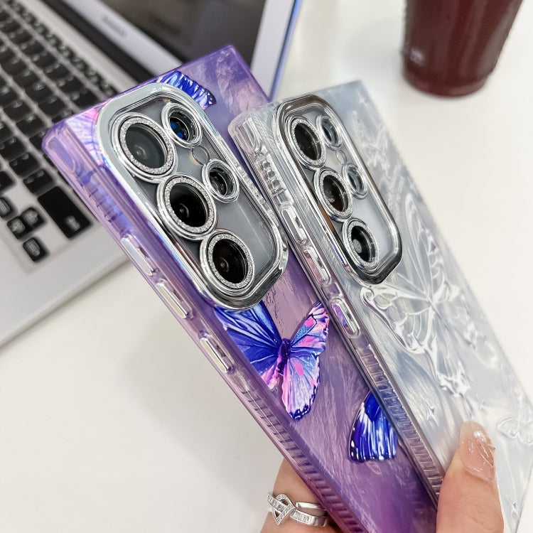 For Samsung Galaxy S25 5G Plating Texture Butterfly Wristband TPU Phone Case with Glitter Lens Film(Silver Butterflies HU6)