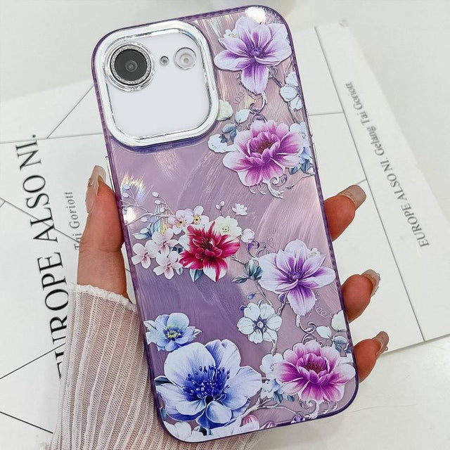 For iPhone 16e Electroplating Flowers Plants Texture TPU Phone Case(Purple Flowers FL1)