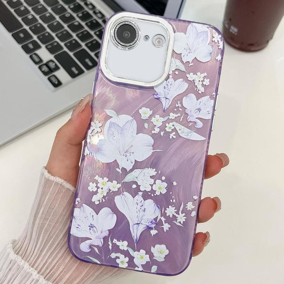 For iPhone 16e Electroplating Flowers Plants Texture TPU Phone Case(Pale Purple FlowerFL11)
