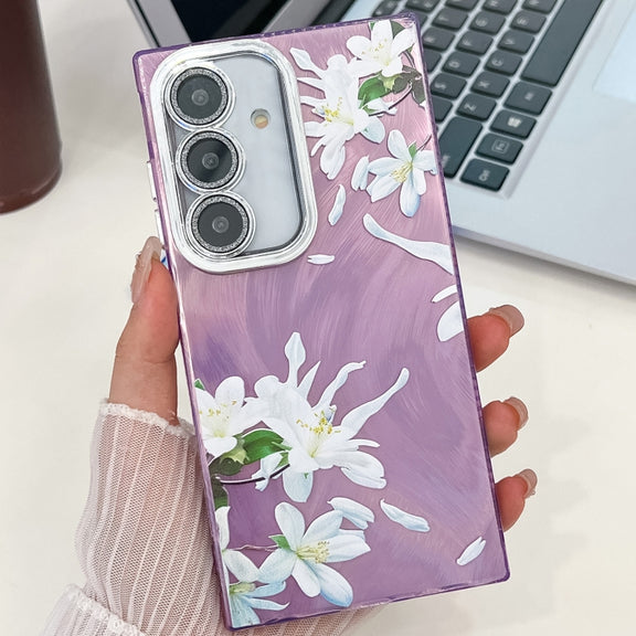 For Samsung Galaxy S25 5G Electroplating Flowers Plants Texture TPU Phone Case(Gardenia FL15)