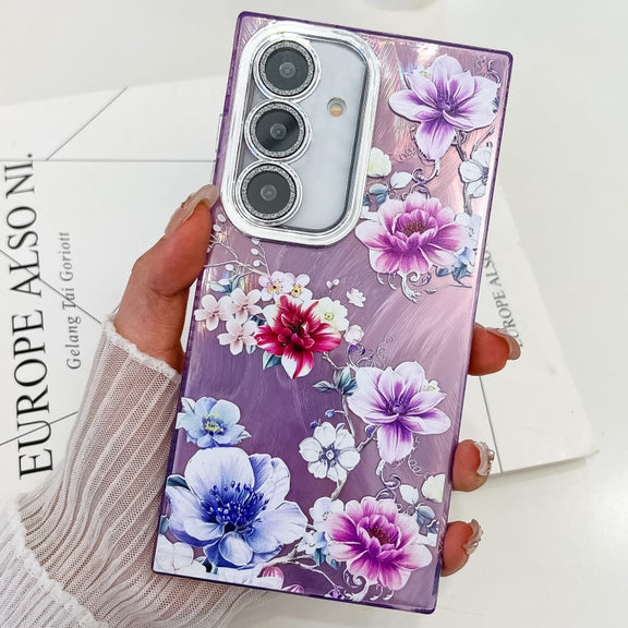For Samsung Galaxy S25+ 5G Electroplating Flowers Plants Texture TPU Phone Case(Purple Flowers FL1)