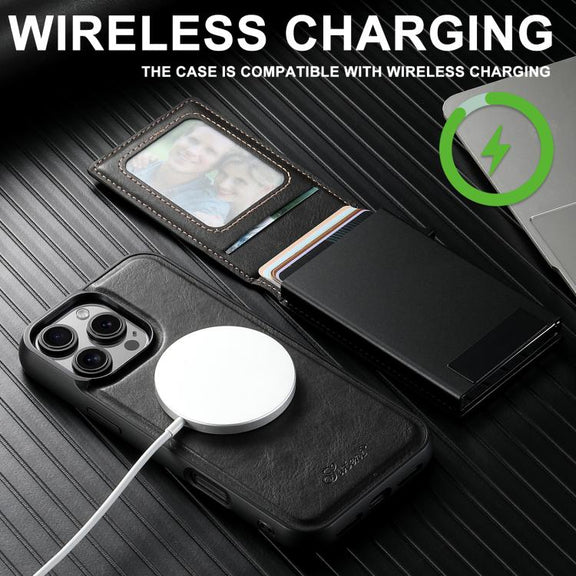 For iPhone 16e Suteni H19 Oil Wax 2-in-1 MagSafe Removable Card Box Back Phone Case(Black)