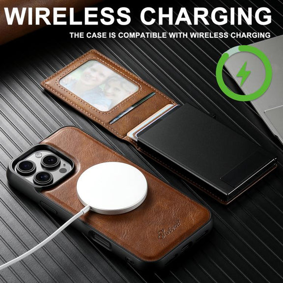 For iPhone 16e Suteni H19 Oil Wax 2-in-1 MagSafe Removable Card Box Back Phone Case(Brown)