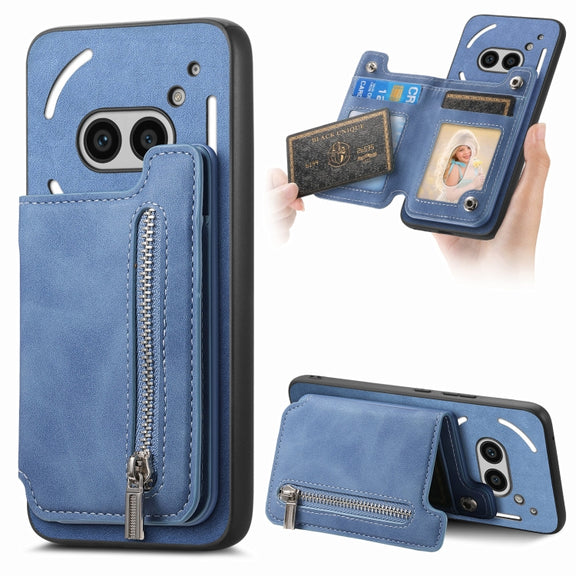 For Nothing CMF Phone 1 Retro MagSafe Zipper Wallet Card Bag Back Phone Case(Blue)