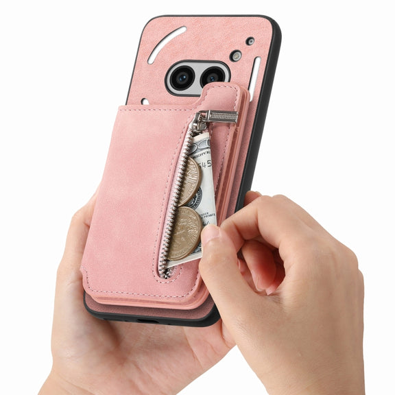 For Nothing CMF Phone 1 Retro MagSafe Zipper Wallet Card Bag Back Phone Case(Pink)