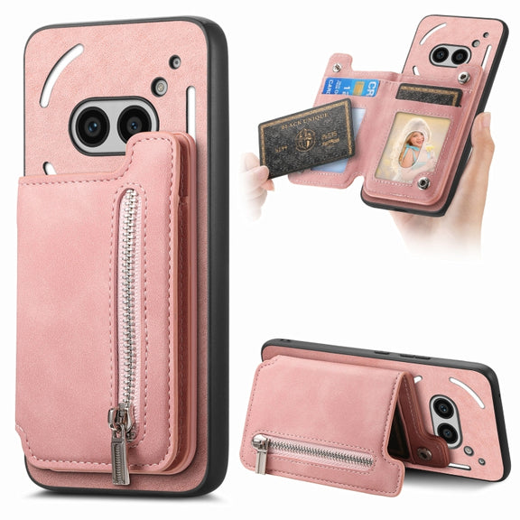 For Nothing CMF Phone 1 Retro MagSafe Zipper Wallet Card Bag Back Phone Case(Pink)