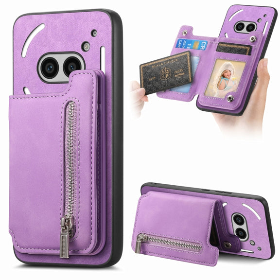For Nothing Phone 2a Retro MagSafe Zipper Wallet Card Bag Back Phone Case(Purple)