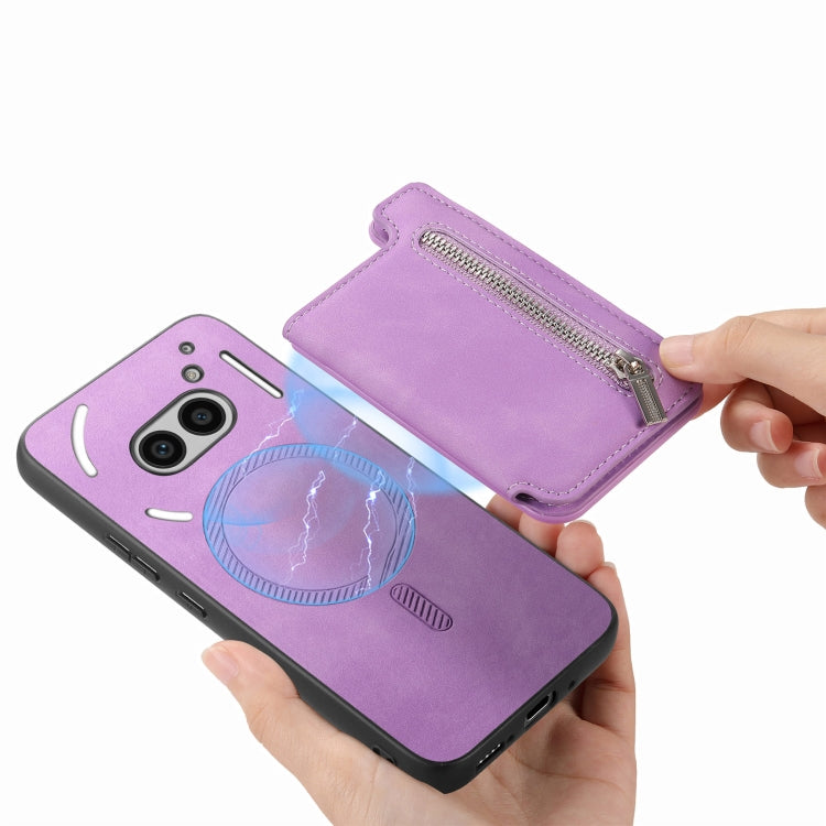 For Nothing Phone 2a Retro MagSafe Zipper Wallet Card Bag Back Phone Case(Purple)
