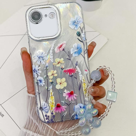 For iPhone 16e Electroplating Flowers Plants Texture Wristband TPU Phone Case(Wildflower FL2)