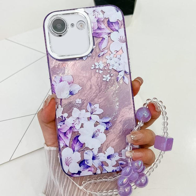 For iPhone 16e Electroplating Flowers Plants Texture Wristband TPU Phone Case(Azalea FL4)