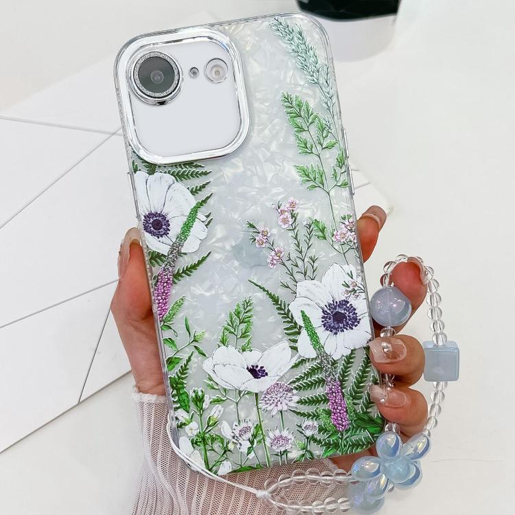 For iPhone 16e Electroplating Flowers Plants Texture Wristband TPU Phone Case(Green Plants FL5) - iPhone 16e Cases by PMC TechLife | Online Shopping South Africa | PMC TechLife | Buy Now Pay Later Mobicred