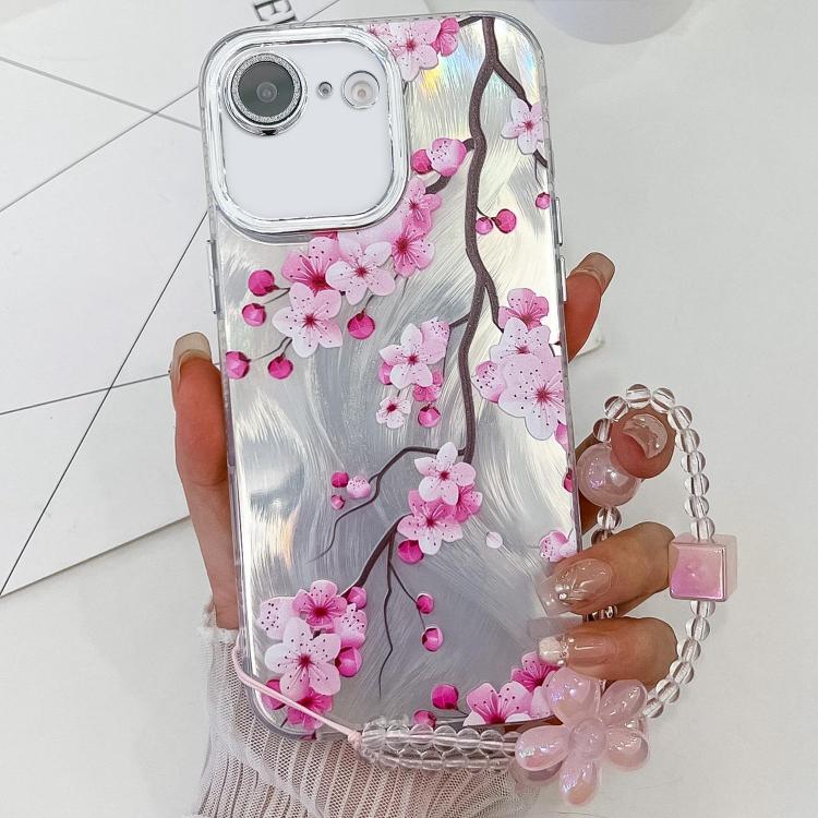 For iPhone 16e Electroplating Flowers Plants Texture Wristband TPU Phone Case(Plum Flower FL6) - iPhone 16e Cases by PMC TechLife | Online Shopping South Africa | PMC TechLife | Buy Now Pay Later Mobicred