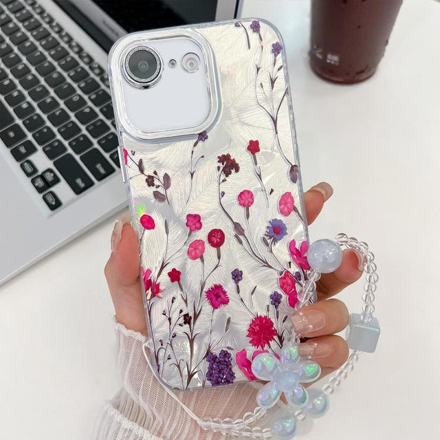 For iPhone 16e Electroplating Flowers Plants Texture Wristband TPU Phone Case(Carnation FL7)