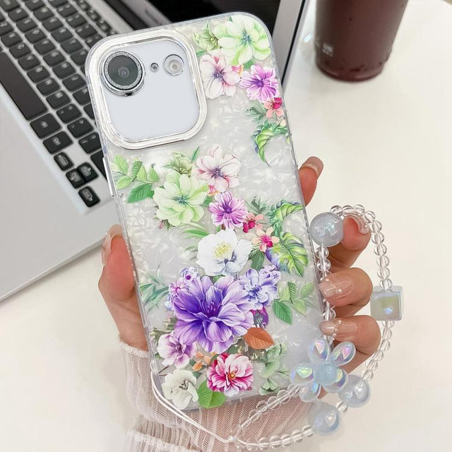 For iPhone 16e Electroplating Flowers Plants Texture Wristband TPU Phone Case(Colorful Peony FL10)