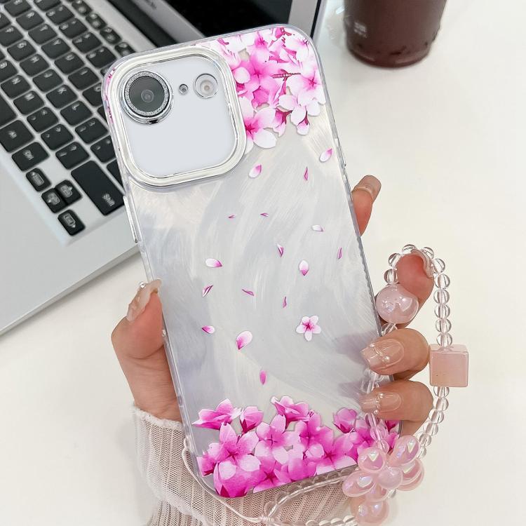For iPhone 16e Electroplating Flowers Plants Texture Wristband TPU Phone Case(Sakura FL12) - iPhone 16e Cases by PMC TechLife | Online Shopping South Africa | PMC TechLife | Buy Now Pay Later Mobicred