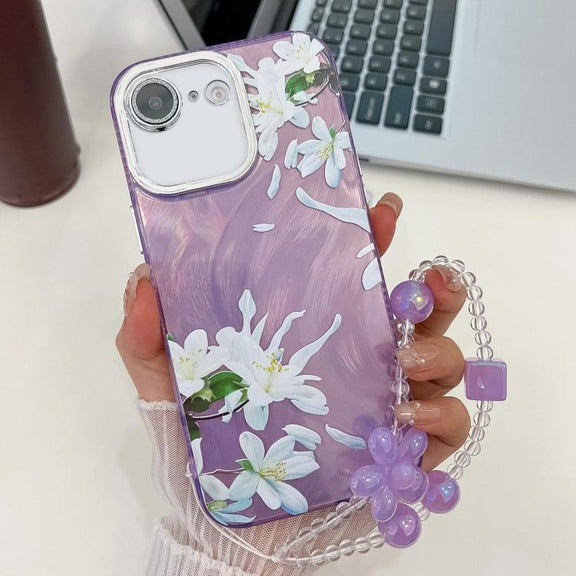 For iPhone 16e Electroplating Flowers Plants Texture Wristband TPU Phone Case(Gardenia FL15)