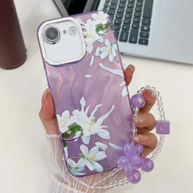For iPhone 16e Electroplating Flowers Plants Texture Wristband TPU Phone Case(Gardenia FL15)