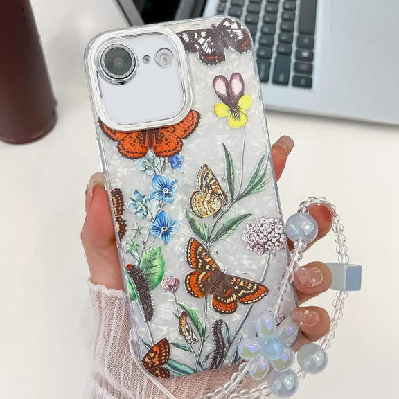 For iPhone 16e Electroplating Flowers Plants Texture Wristband TPU Phone Case(Butterfly Love Flower FL17)