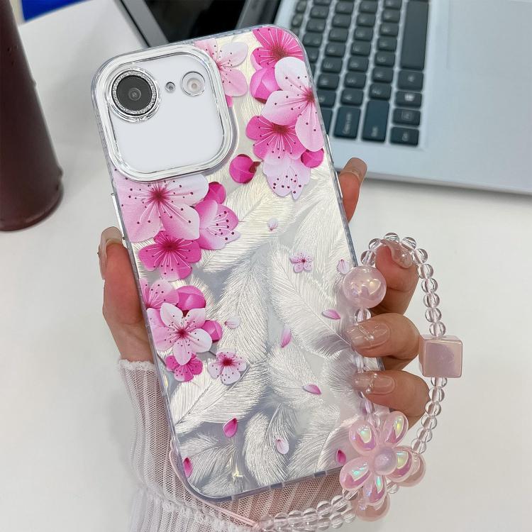 For iPhone 16e Electroplating Flowers Plants Texture Wristband TPU Phone Case(Peach Blossom FL18) - iPhone 16e Cases by PMC TechLife | Online Shopping South Africa | PMC TechLife | Buy Now Pay Later Mobicred