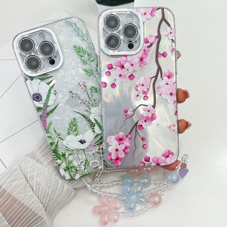 For iPhone 16e Electroplating Flowers Plants Texture Wristband TPU Phone Case(Gardenia FL15)
