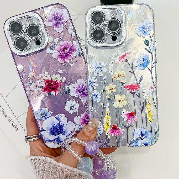 For iPhone 16e Electroplating Flowers Plants Texture Wristband TPU Phone Case(Lavender FL3) - iPhone 16e Cases by PMC TechLife | Online Shopping South Africa | PMC TechLife | Buy Now Pay Later Mobicred