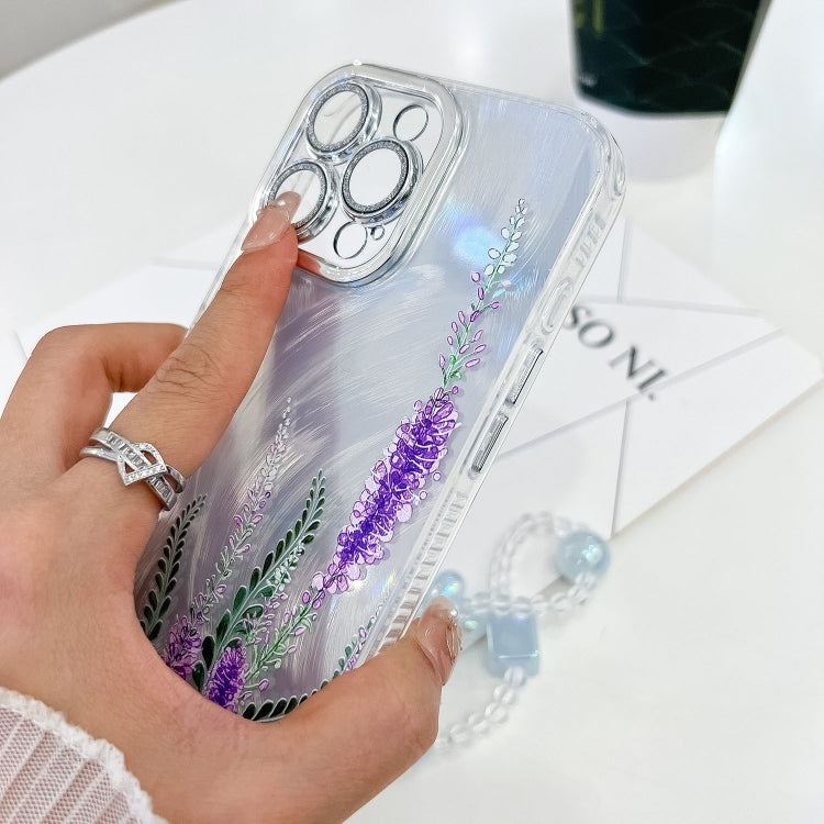 For iPhone 16e Electroplating Flowers Plants Texture Wristband TPU Phone Case(Purple Flowers FL1) - iPhone 16e Cases by PMC TechLife | Online Shopping South Africa | PMC TechLife | Buy Now Pay Later Mobicred
