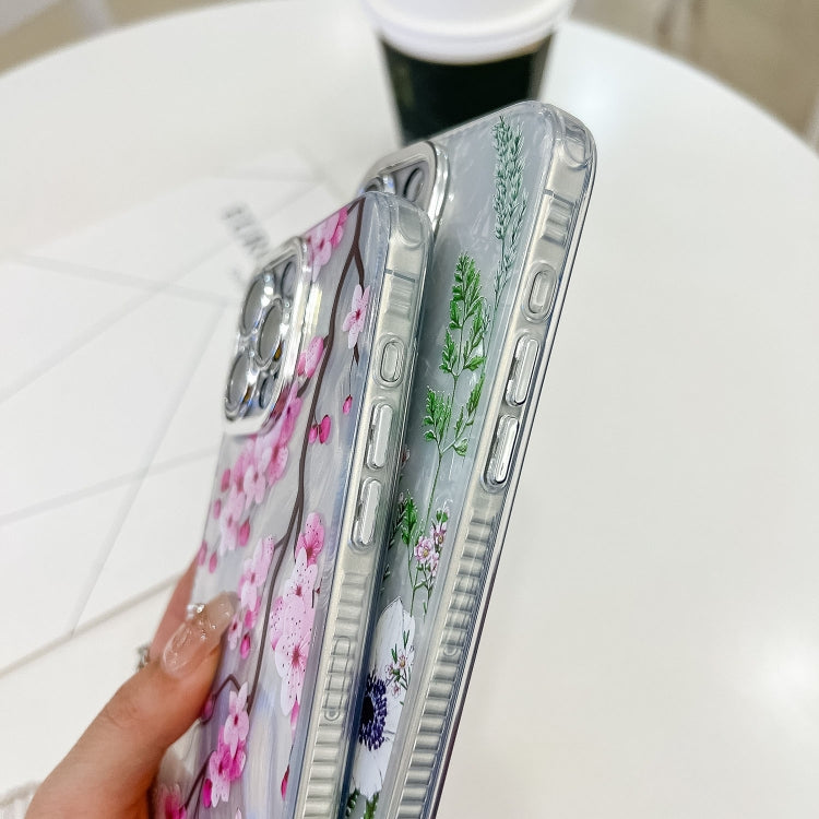 For iPhone 16e Electroplating Flowers Plants Texture Wristband TPU Phone Case(Peach Blossom FL18) - iPhone 16e Cases by PMC TechLife | Online Shopping South Africa | PMC TechLife | Buy Now Pay Later Mobicred