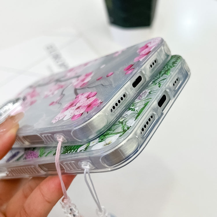 For iPhone 16e Electroplating Flowers Plants Texture Wristband TPU Phone Case(Green Plants FL5) - iPhone 16e Cases by PMC TechLife | Online Shopping South Africa | PMC TechLife | Buy Now Pay Later Mobicred