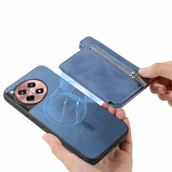 For OnePlus Nord CE4 / Ace 3V Retro MagSafe Zipper Wallet Card Bag Back Phone Case(Blue)