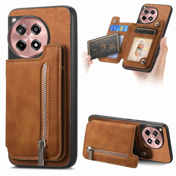 For OnePlus Nord CE4 / Ace 3V Retro MagSafe Zipper Wallet Card Bag Back Phone Case(Brown)