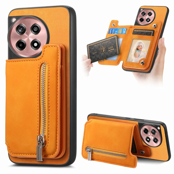 For OnePlus Ace 3 5G / 12R 5G Retro MagSafe Zipper Wallet Card Bag Back Phone Case(Yellow)