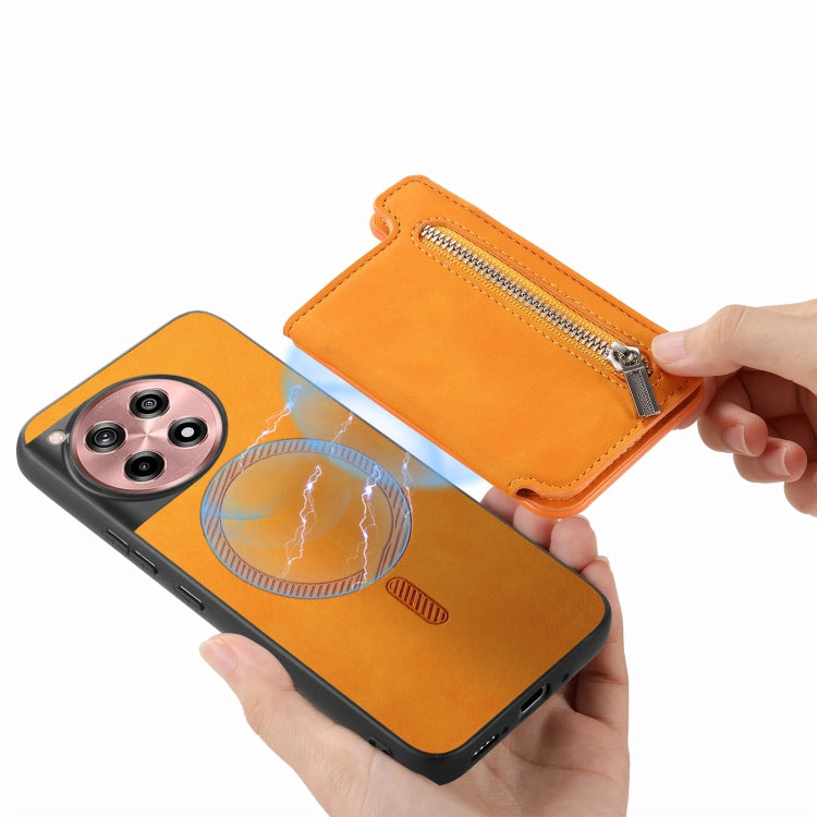 For OnePlus Ace 3 5G / 12R 5G Retro MagSafe Zipper Wallet Card Bag Back Phone Case(Yellow)