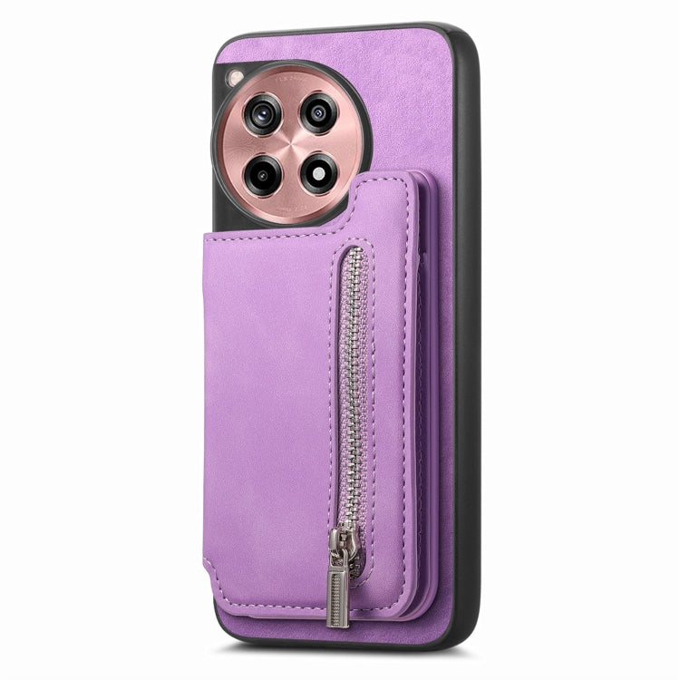 For OnePlus Ace 3 5G / 12R 5G Retro MagSafe Zipper Wallet Card Bag Back Phone Case(Purple)
