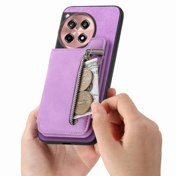 For OnePlus Ace 3 5G / 12R 5G Retro MagSafe Zipper Wallet Card Bag Back Phone Case(Purple)