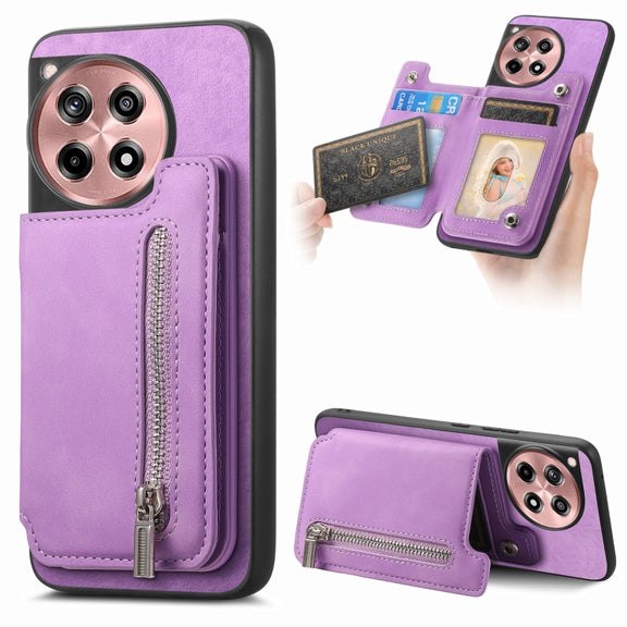 For OnePlus Ace 3 5G / 12R 5G Retro MagSafe Zipper Wallet Card Bag Back Phone Case(Purple)