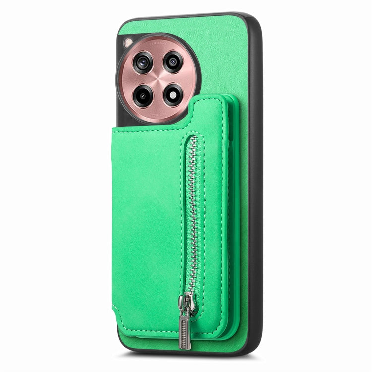 For OnePlus Ace 3 5G / 12R 5G Retro MagSafe Zipper Wallet Card Bag Back Phone Case(Green)