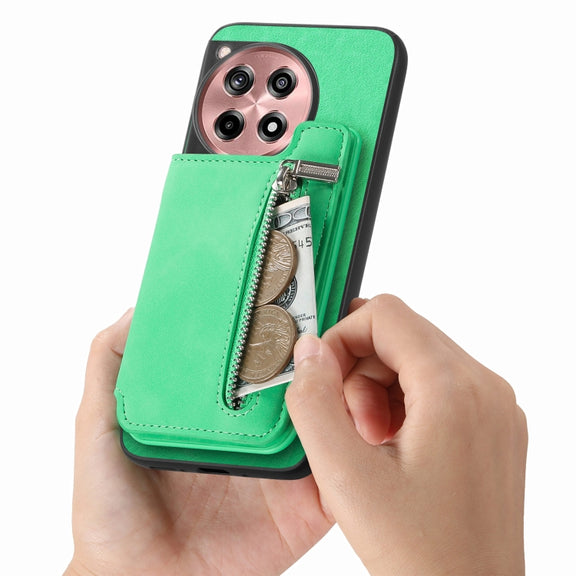 For OnePlus Ace 3 5G / 12R 5G Retro MagSafe Zipper Wallet Card Bag Back Phone Case(Green)