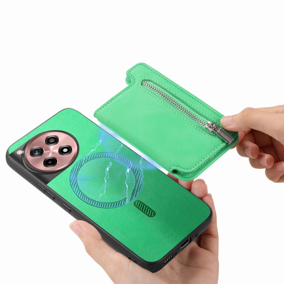 For OnePlus Ace 3 5G / 12R 5G Retro MagSafe Zipper Wallet Card Bag Back Phone Case(Green)