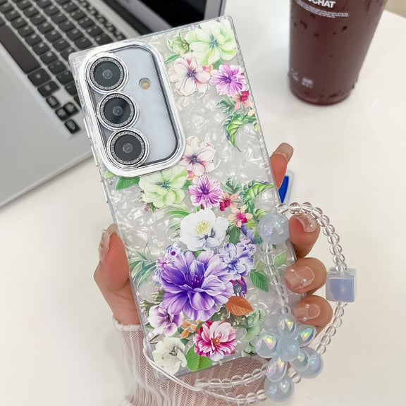 For Samsung Galaxy S25 5G Electroplating Flowers Plants Texture Wristband TPU Phone Case(Colorful Peony FL10)
