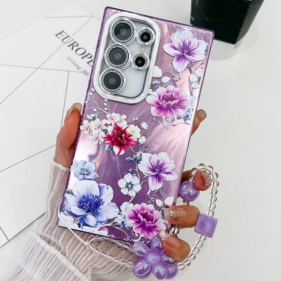 For Samsung Galaxy S25 Ultra 5G Electroplating Flowers Plants Texture Wristband TPU Phone Case(Purple Flowers FL1)