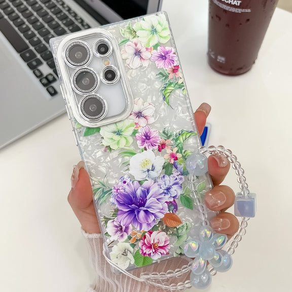 For Samsung Galaxy S25 Ultra 5G Electroplating Flowers Plants Texture Wristband TPU Phone Case(Colorful Peony FL10)