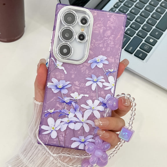 For Samsung Galaxy S25 Ultra 5G Electroplating Flowers Plants Texture Wristband TPU Phone Case(Lilac Flowers FL16)