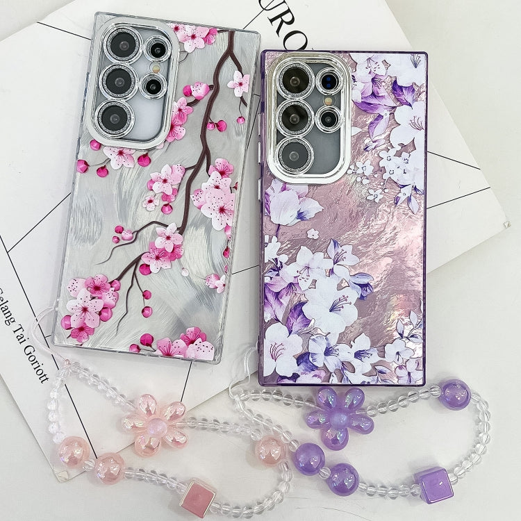 For Samsung Galaxy S25+ 5G Electroplating Flowers Plants Texture Wristband TPU Phone Case(Peach Blossom FL18) - free shipping - PMC Jewellery - Order now!