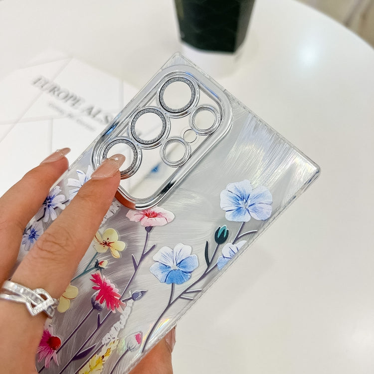 For Samsung Galaxy S25 Ultra 5G Electroplating Flowers Plants Texture Wristband TPU Phone Case(Purple Flowers FL1)